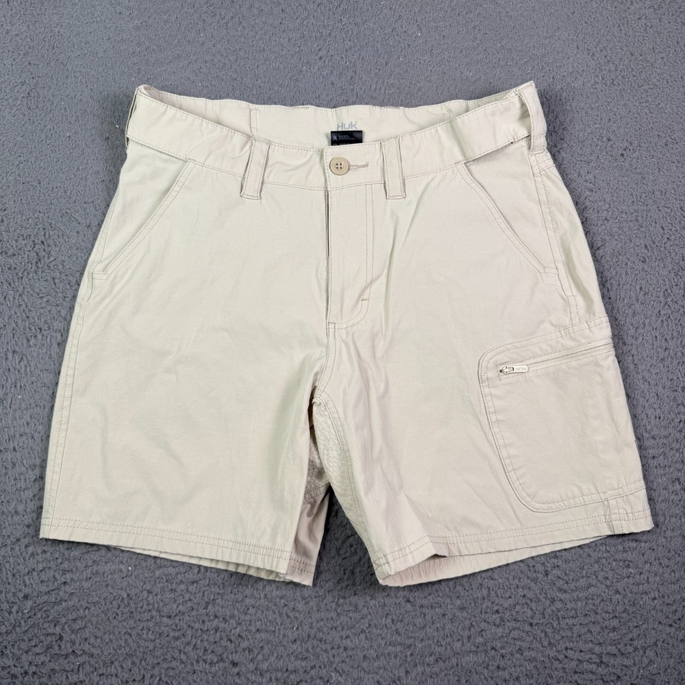 Huk Cargo Fishing Shorts Mens M Beige 7" Stretch Next Level Performance